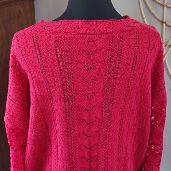 Red Open Knit Round Neck Sweater with Long Lace Flounce Sleeves Sz XL - Picture 5 of 11